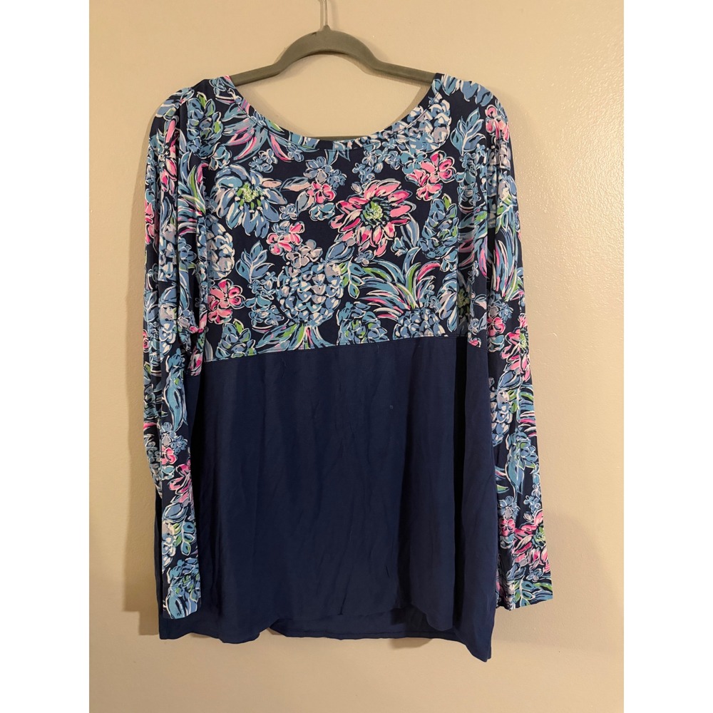 Lilly Pulitzer Long Sleeve Floral Pineapple Mixed Media Top Navy Blue XL